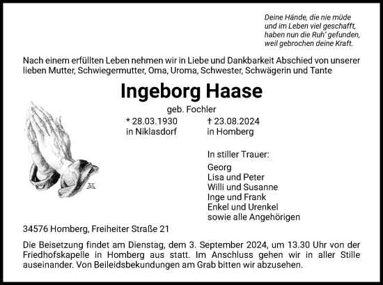 Traueranzeige von Ingeborg Haase von HNA