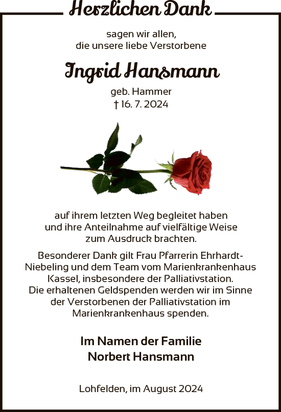 Traueranzeige von Ingrid Hansmann von HNA