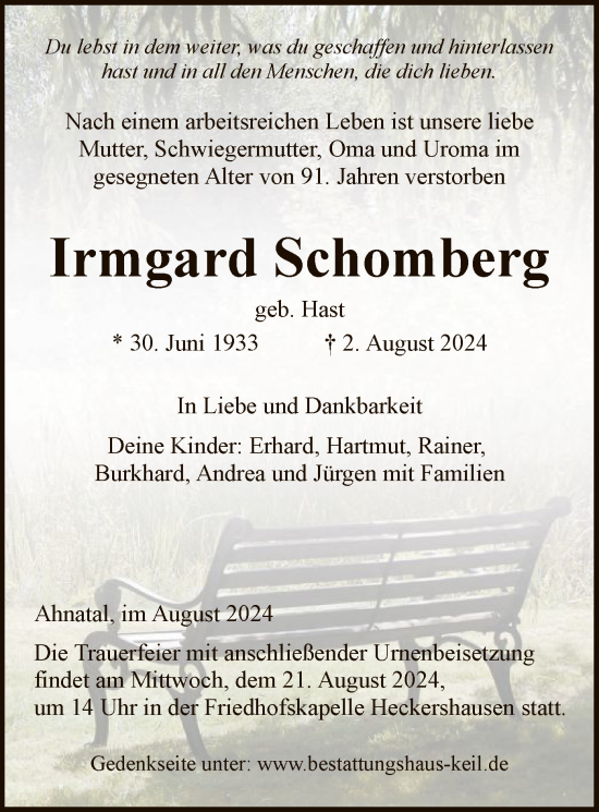 Traueranzeige von Irmgard Schomberg von HNA