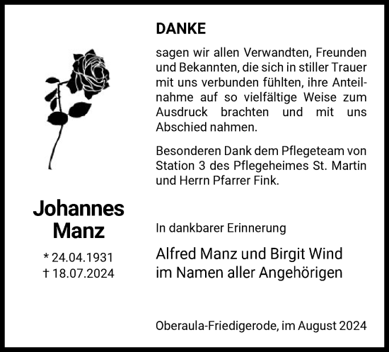 Traueranzeige von Johannes Manz von HNA