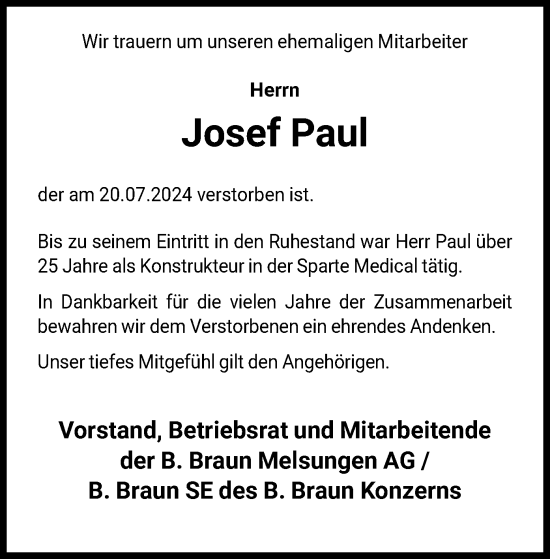 Traueranzeige von Josef Paul von HNA