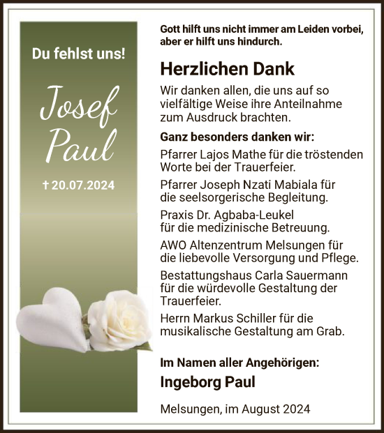 Traueranzeige von Josef Paul von HNA