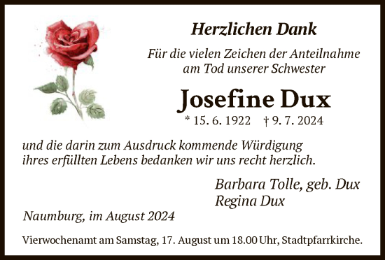 Traueranzeige von Josefine Dux von HNA