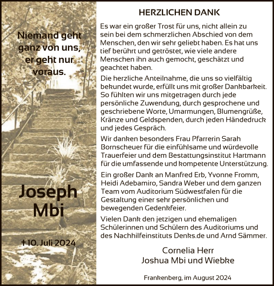 Traueranzeige von Joseph Mbi von HNA