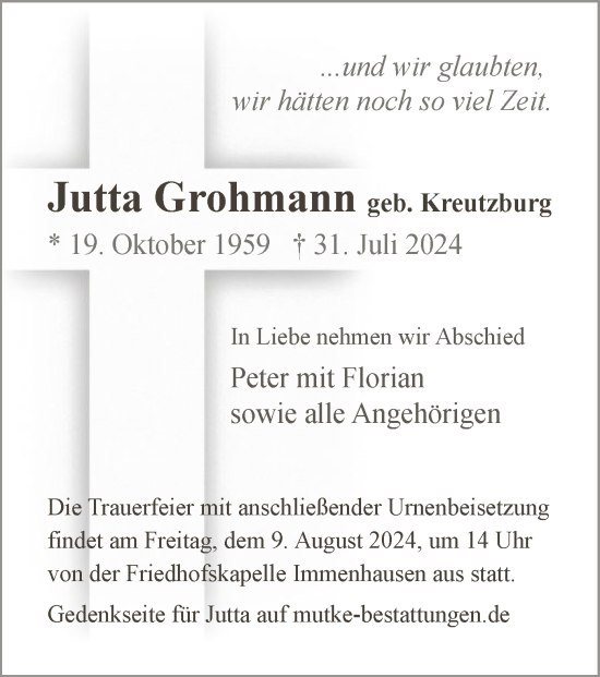 Traueranzeige von Jutta Grohmann von HNA