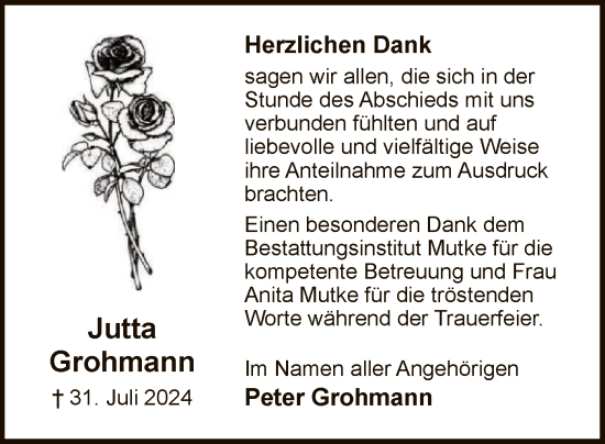 Traueranzeige von Jutta Grohmann von HNA