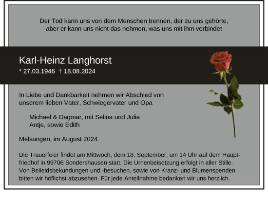 Traueranzeige von Karl-Heinz Langhorst von HNA