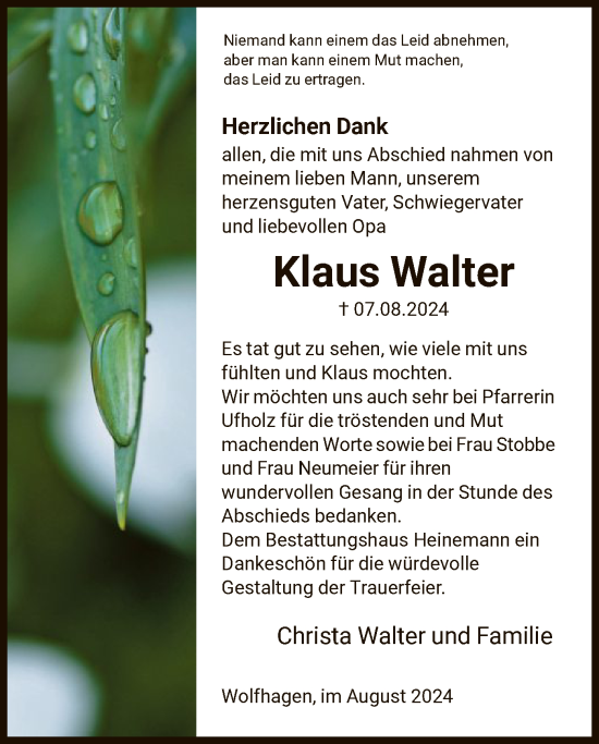 Traueranzeige von Klaus Walter von HNA