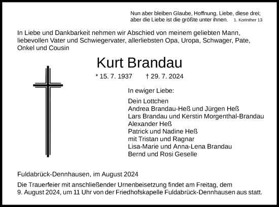 Traueranzeige von Kurt Brandau von HNA