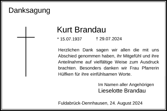 Traueranzeige von Kurt Brandau von HNA