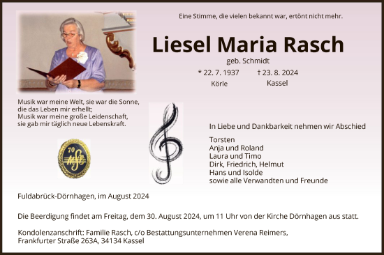 Traueranzeige von Liesel Maria Rasch von HNAHNA