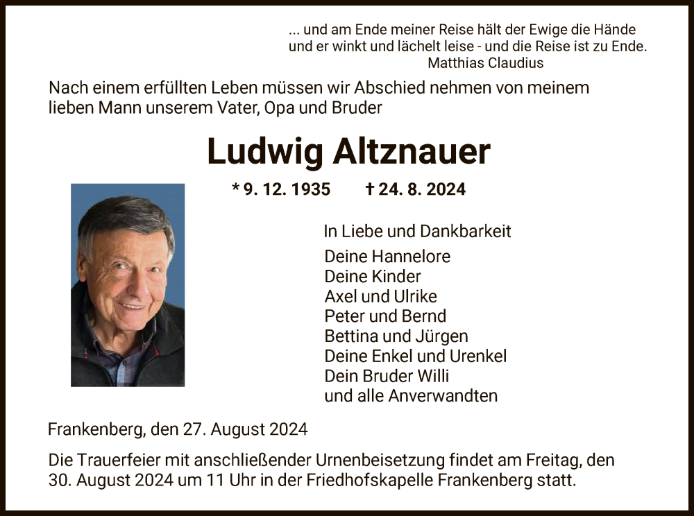  Traueranzeige für Ludwig Altznauer vom 27.08.2024 aus HNA