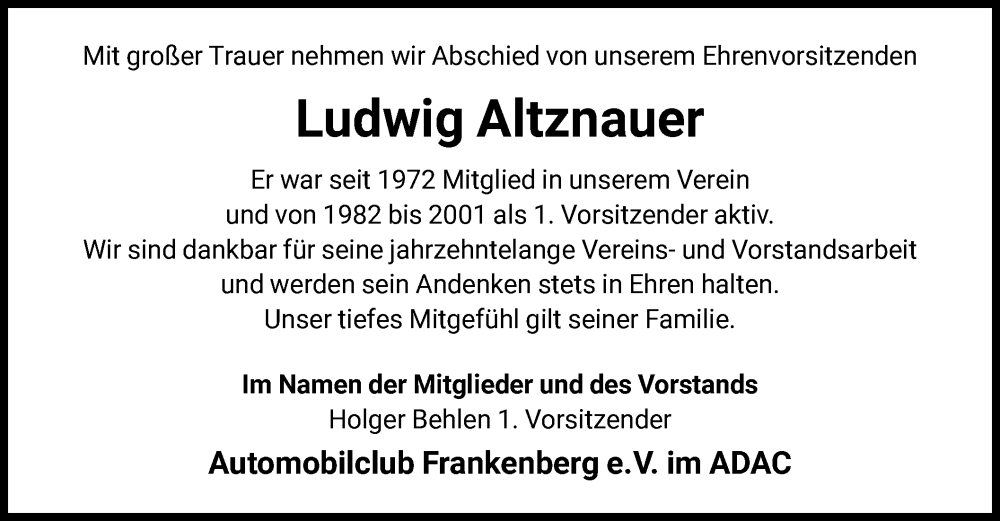  Traueranzeige für Ludwig Altznauer vom 28.08.2024 aus HNA