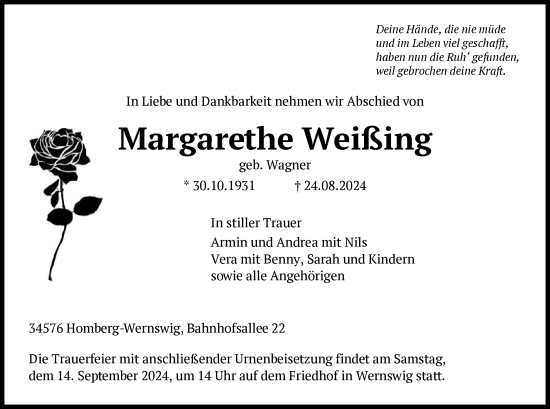 Traueranzeige von Margarethe Weißing von HNA