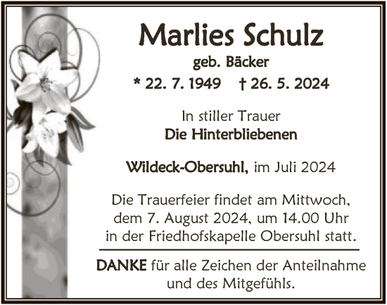 Traueranzeige von Marlies Schulz von HNAHNA