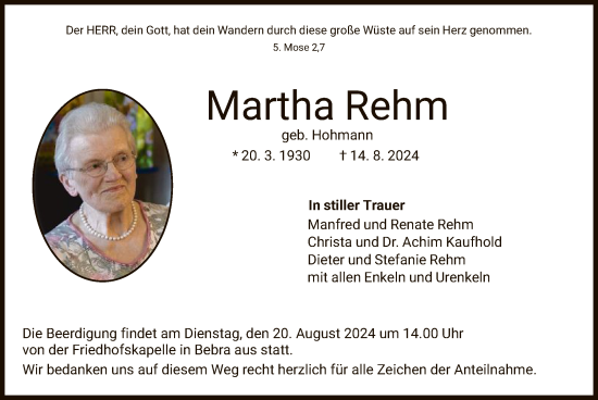 Traueranzeige von Martha Rehm von HNA