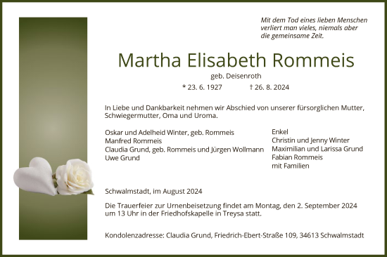 Traueranzeige von Martha Elisabeth Rommeis von HNA