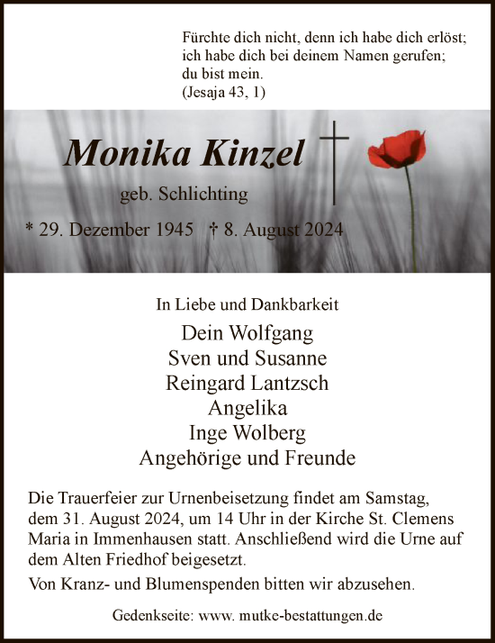 Traueranzeige von Monika Kinzel von HNAHNA