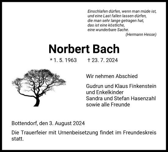 Traueranzeige von Norbert Bach von HNA