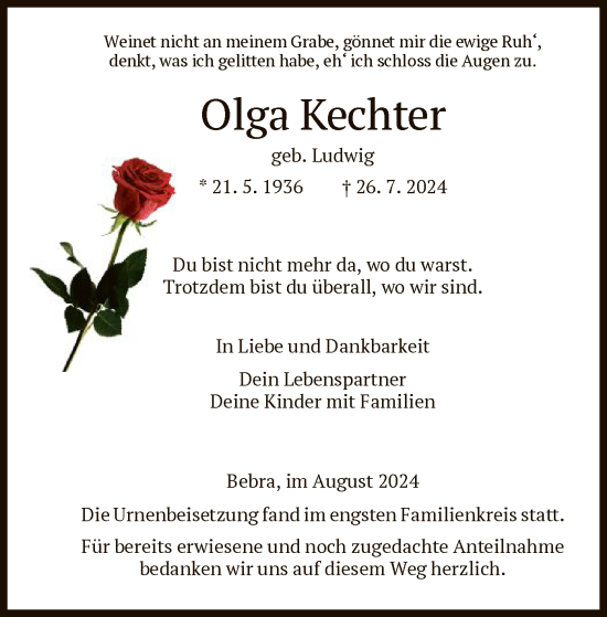 Traueranzeige von Olga Kechter von HNA