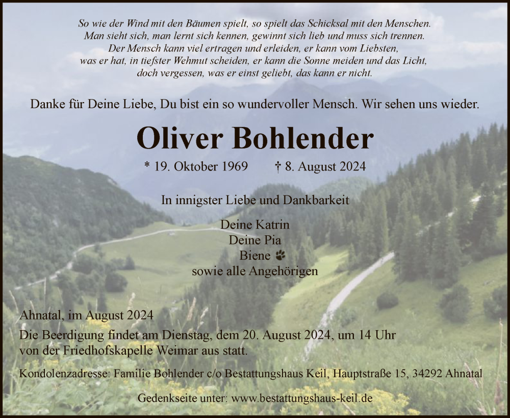  Traueranzeige für Oliver Bohlender vom 16.08.2024 aus HNA