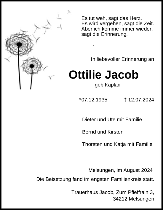 Traueranzeige von Ottilie Jacob von HNA