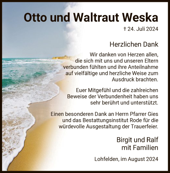 Traueranzeige von Otto und Waltraut Weska von HNA