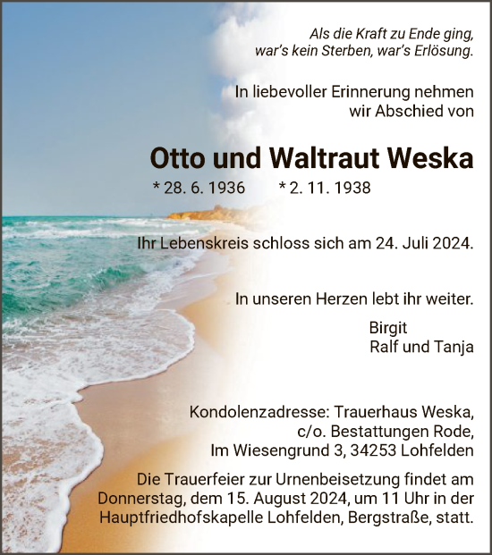 Traueranzeige von Otto und Waltraut Weska von HNA