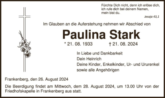 Traueranzeige von Paulina Stark von HNA