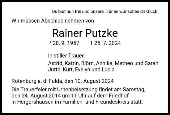 Traueranzeige von Rainer Putzke von HNA