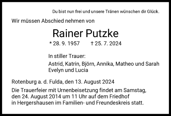 Traueranzeige von Rainer Putzke von HNA