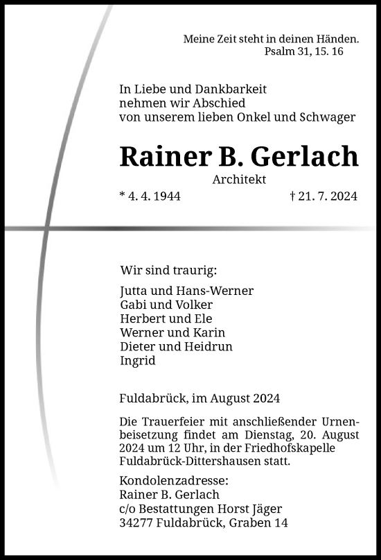 Traueranzeige von Rainer B. Gerlach von HNA