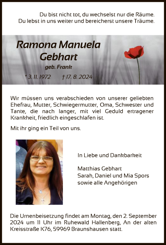 Traueranzeige von Ramona Manuela Gebhart von HNA