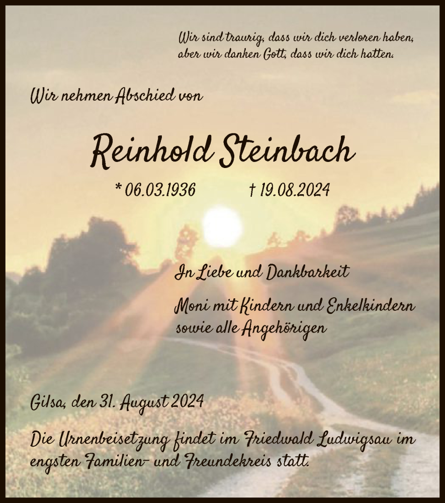  Traueranzeige für Reinhold Steinbach vom 31.08.2024 aus HNA