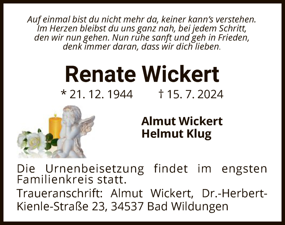  Traueranzeige für Renate Wickert vom 03.08.2024 aus HNA