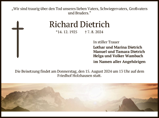 Traueranzeige von Richard Dietrich von HNA