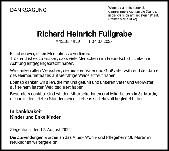 Traueranzeige von Richard Heinrich Füllgrabe von HNA