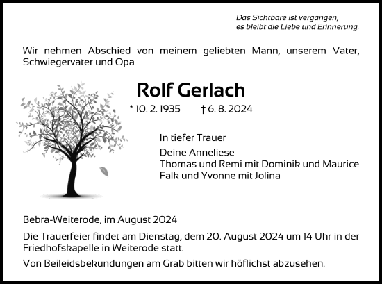 Traueranzeige von Rolf Gerlach von HNAHNA