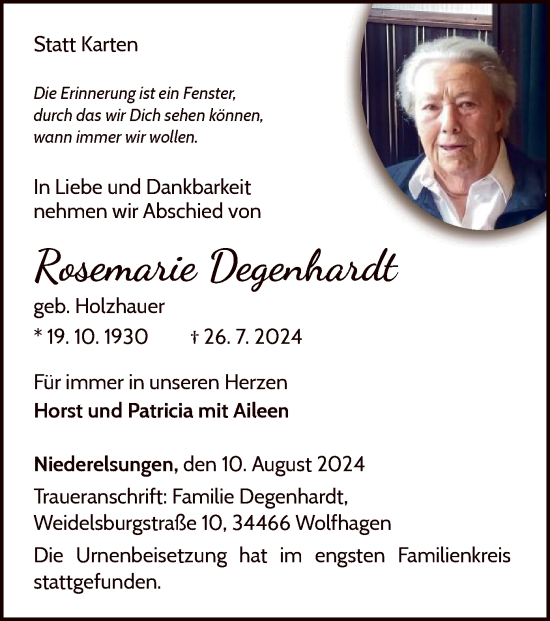 Traueranzeige von Rosemarie Degenhardt von HNA