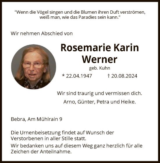 Traueranzeige von Rosemarie Karin Werner von HNA