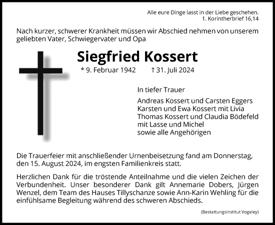 Traueranzeige von Siegfried Kossert von HNA