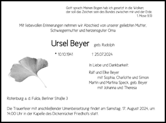 Traueranzeige von Ursel Beyer von HNA