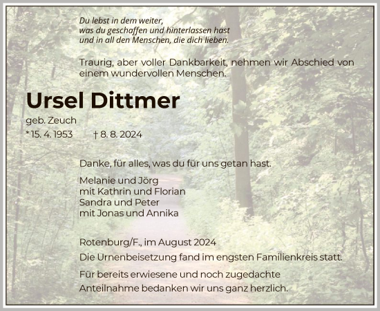 Traueranzeige von Ursel Dittmer von HNA