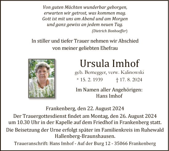 Traueranzeige von Ursula Imhof von HNA