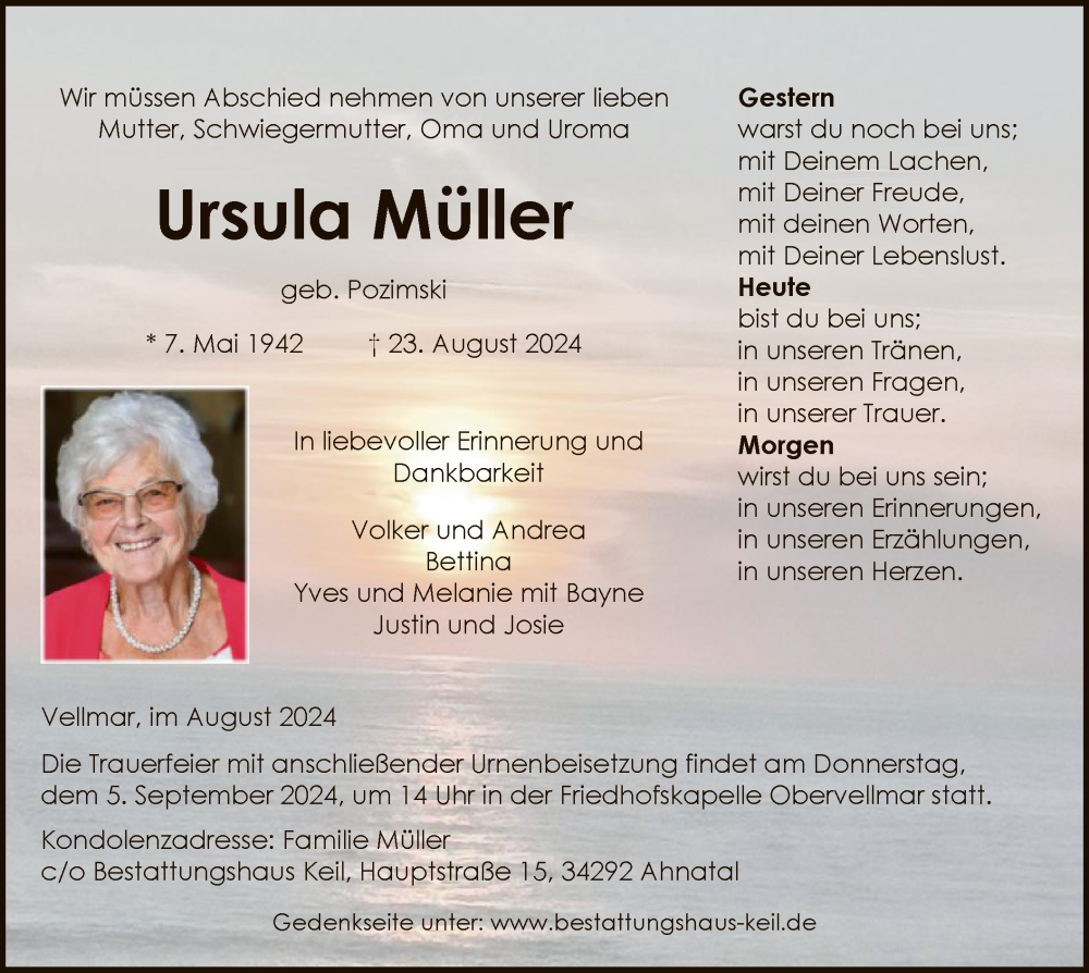  Traueranzeige für Ursula Müller vom 31.08.2024 aus HNA