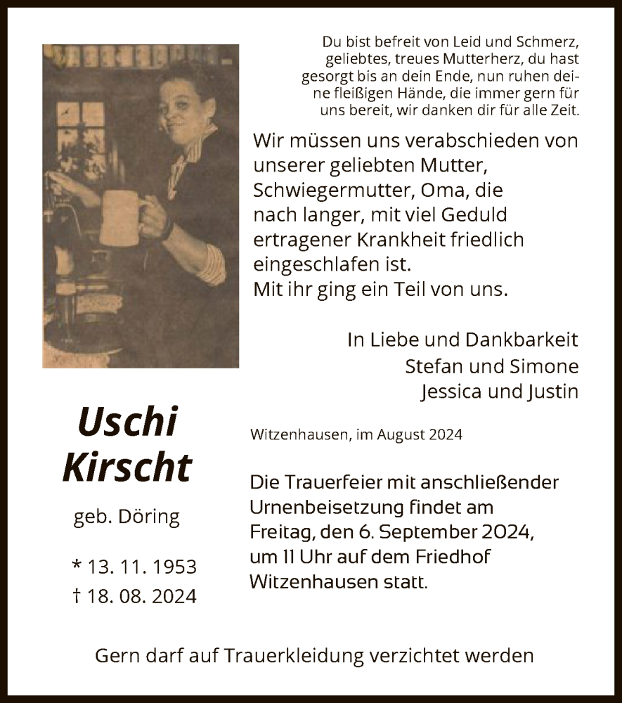  Traueranzeige für Uschi Kirscht vom 31.08.2024 aus HNA