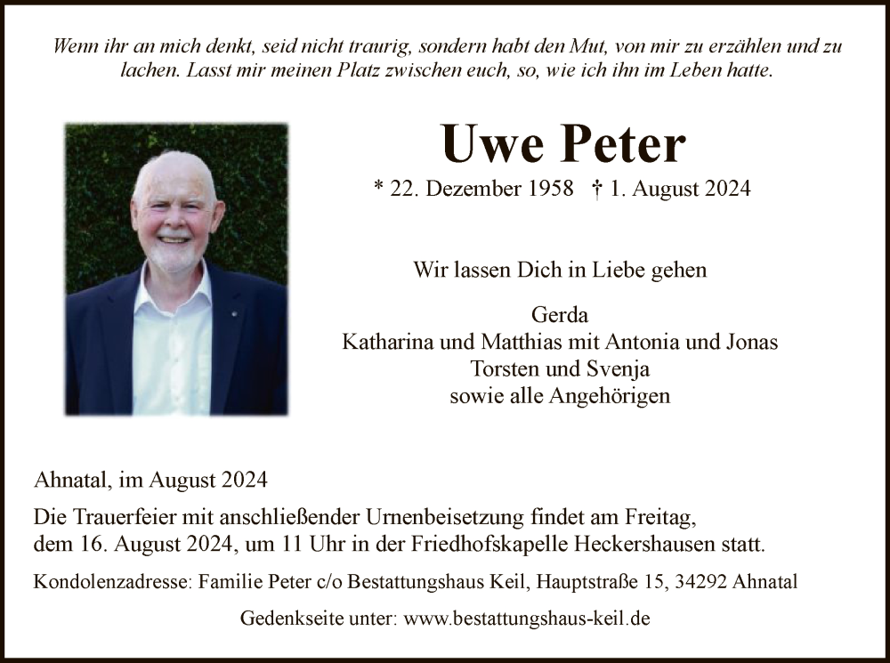  Traueranzeige für Uwe Peter vom 09.08.2024 aus HNAHNA