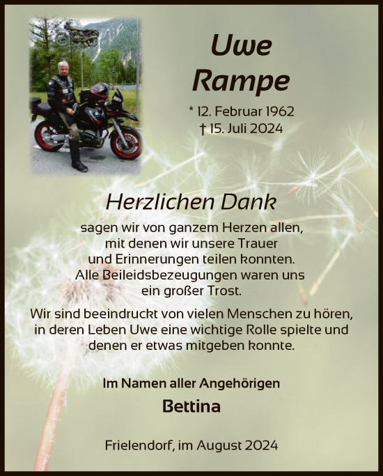 Traueranzeige von Uwe Rampe von HNAHNA