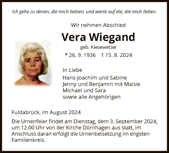 Traueranzeige von Vera Wiegand von HNA