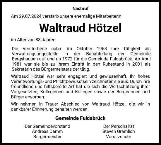 Traueranzeige von Waltraud Hötzel von HNA